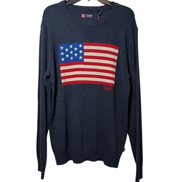 Chaps Men's Preppy Blue Sweater with Flag Design - Picture 2 of 6